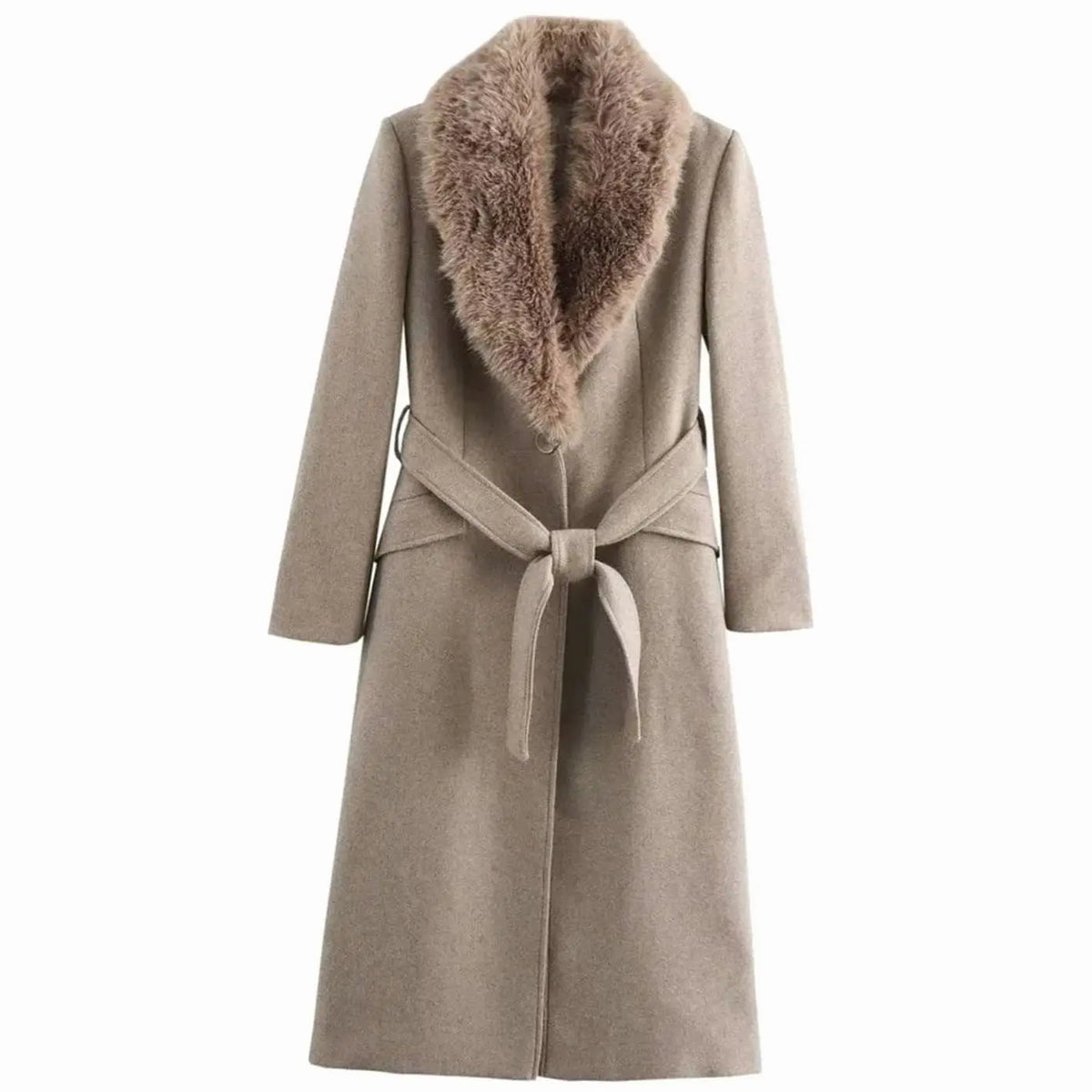 Women's Faux Fur Collar Belted Longline Winter Coat - Khaki