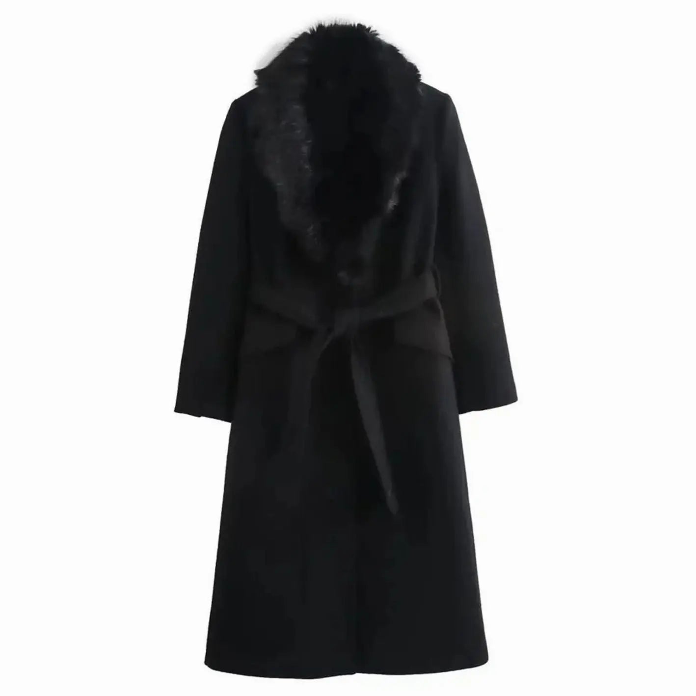 Women's Faux Fur Collar Belted Longline Winter Coat - Black