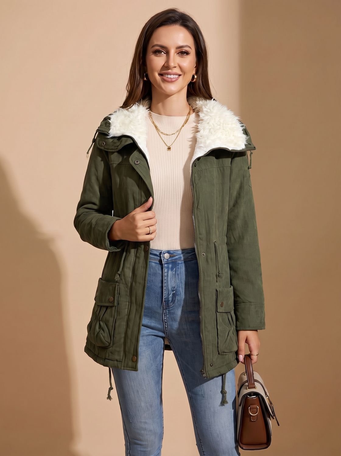 Women's Faux-Fur Collar Drawstring-Waist Mid-Length Winter Parka