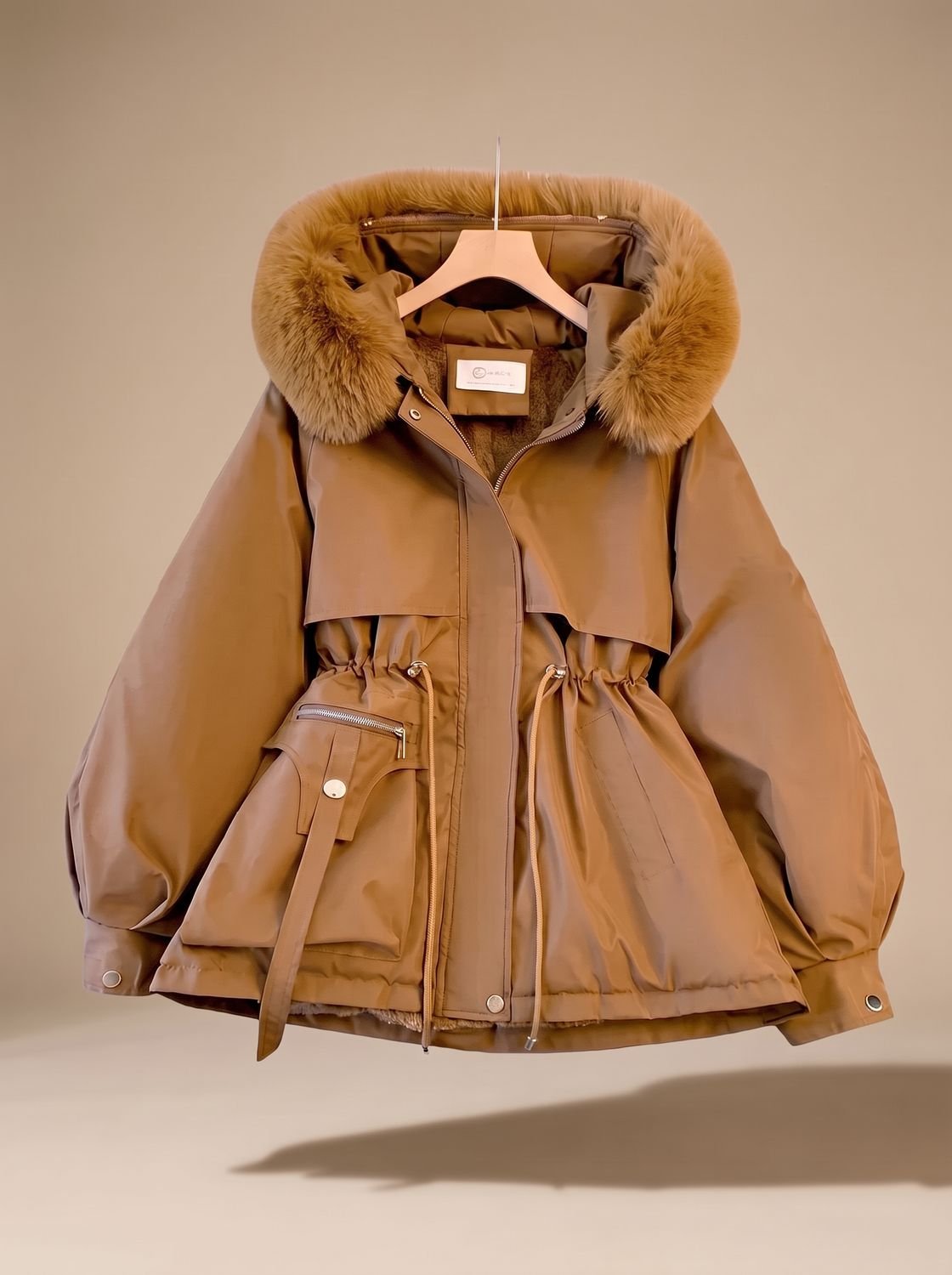 Women's Faux-Fur Hooded Drawstring Cinched-Waist Puffer Jacket - Brown