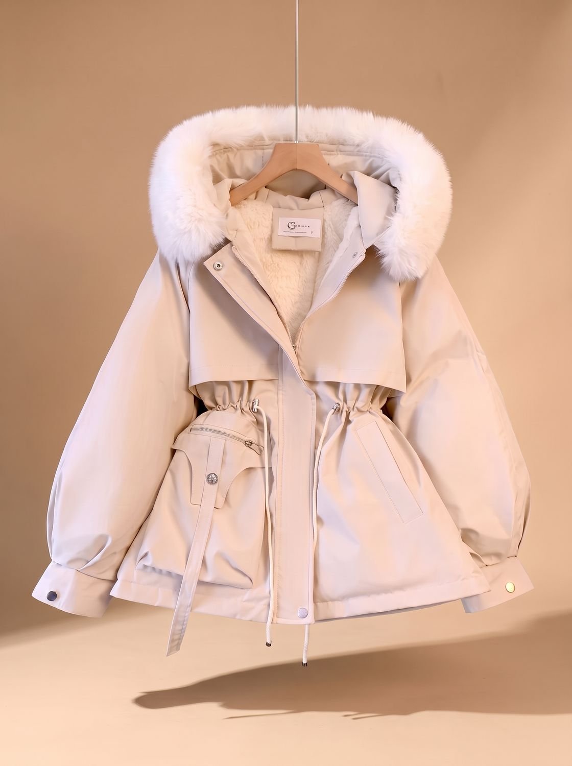 Women's Faux-Fur Hooded Drawstring Cinched-Waist Puffer Jacket - White