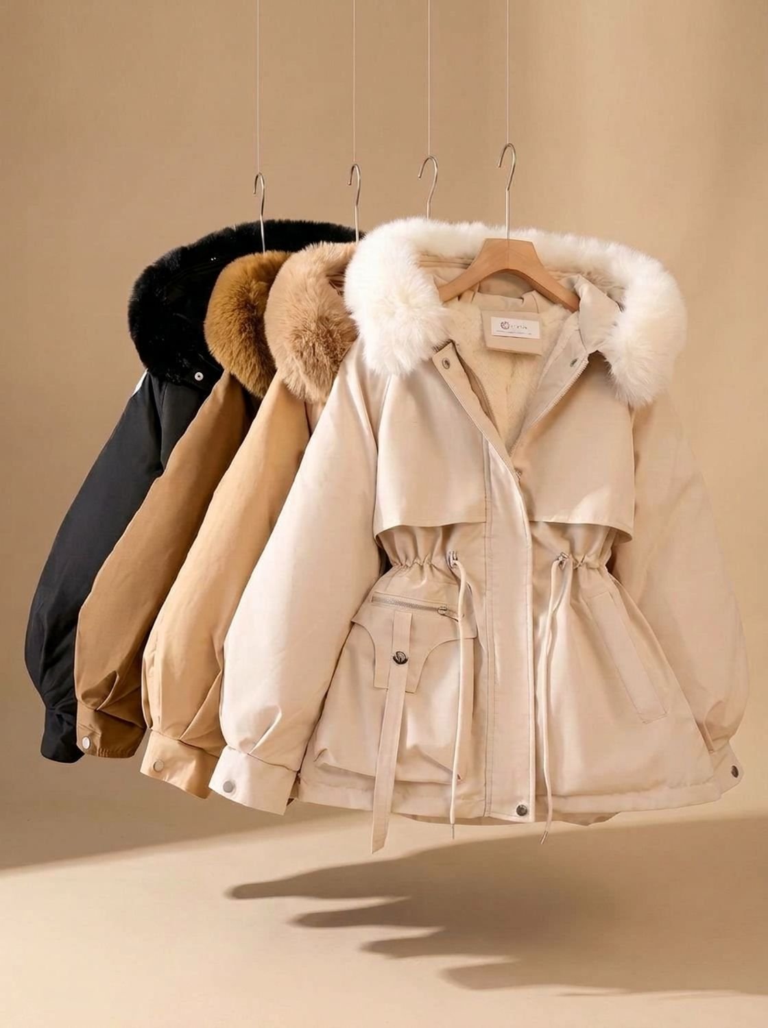 Women's Faux-Fur Hooded Drawstring Cinched-Waist Puffer Jacket