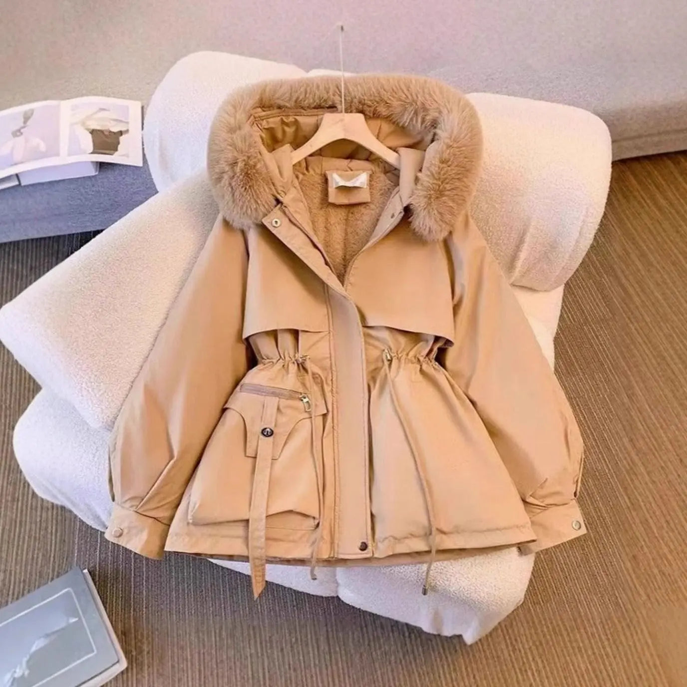 Women's Faux Fur Hooded Drawstring Winter Coat - Khaki