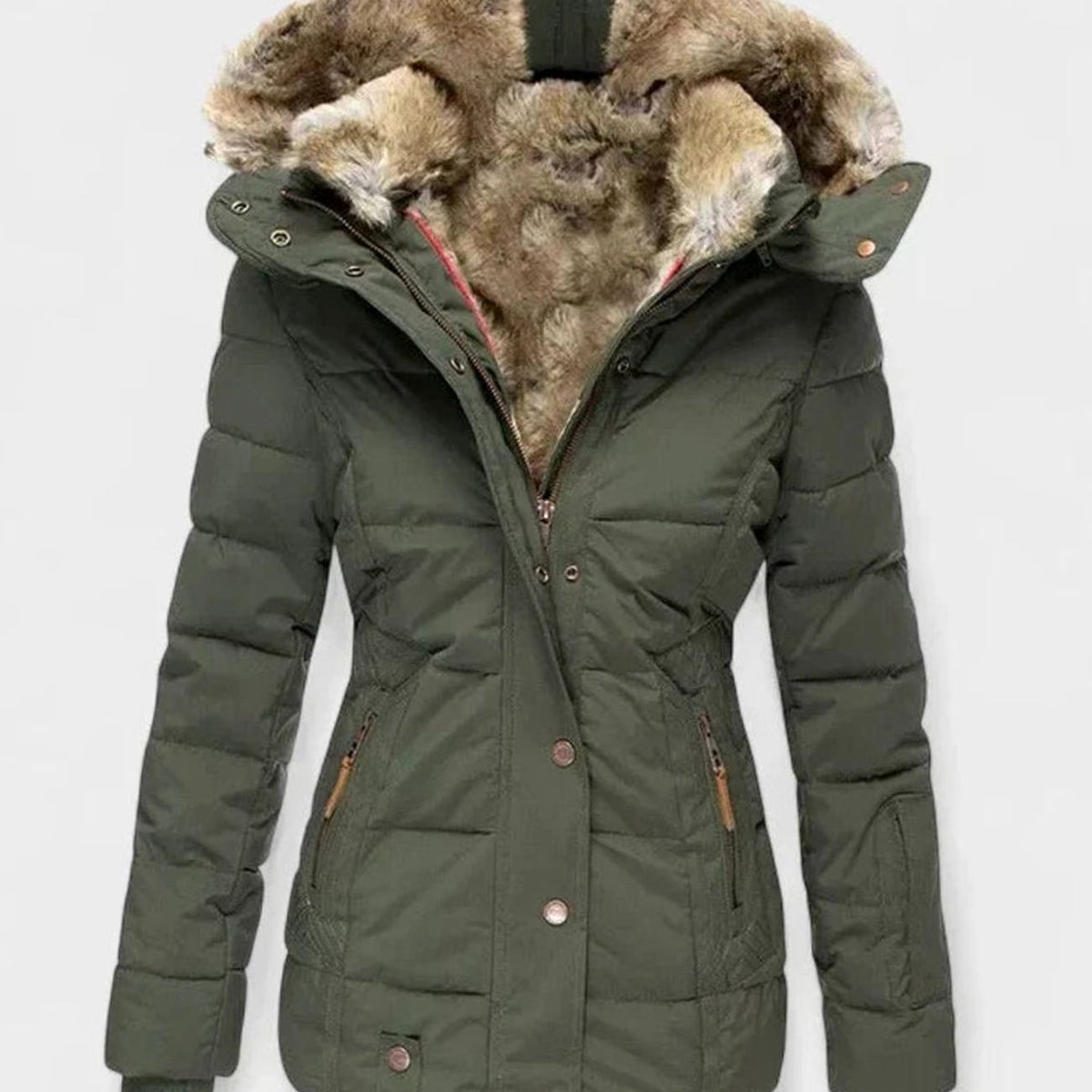Women's Faux Fur Hooded Quilted Puffer Winter Coat - Green