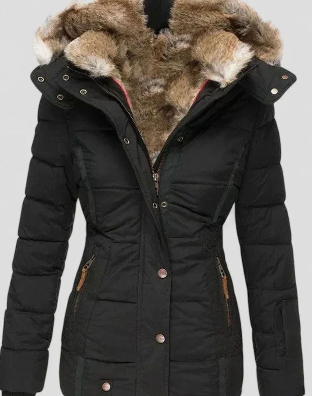 Women's Faux Fur Hooded Quilted Puffer Winter Coat - Black