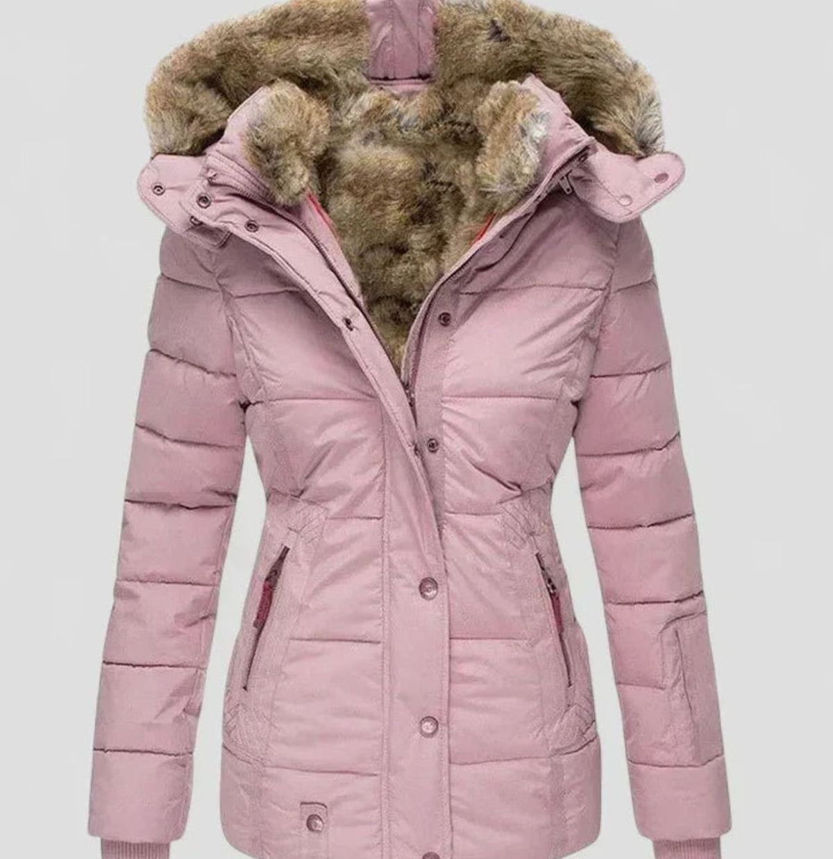 Women's Faux Fur Hooded Quilted Puffer Winter Coat - Pink