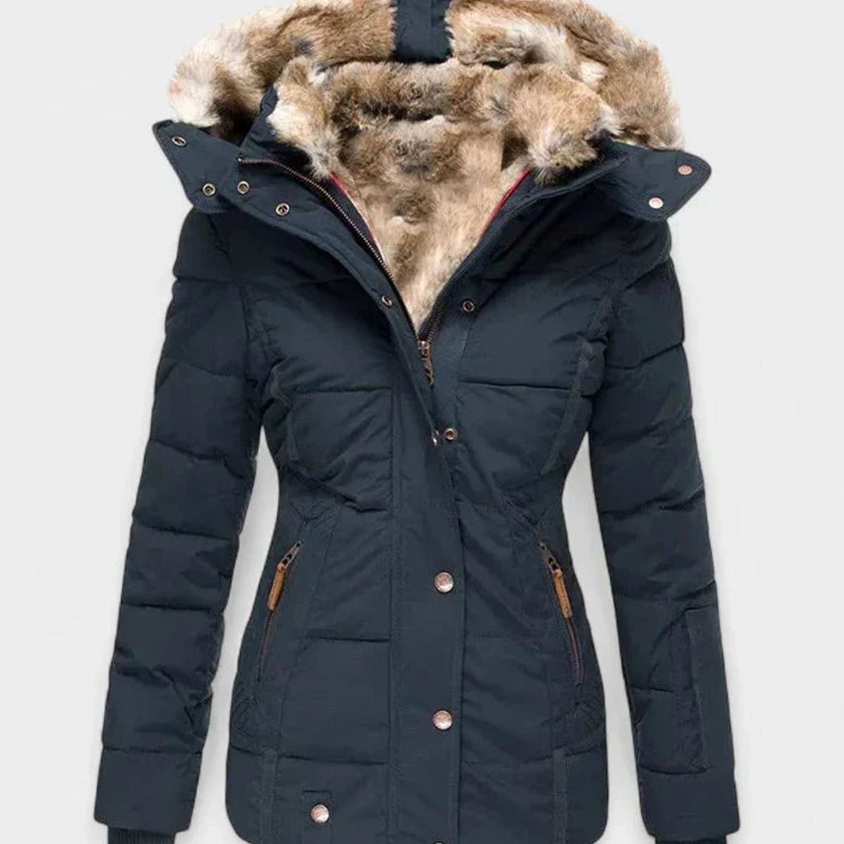 Women's Faux Fur Hooded Quilted Puffer Winter Coat - Blue
