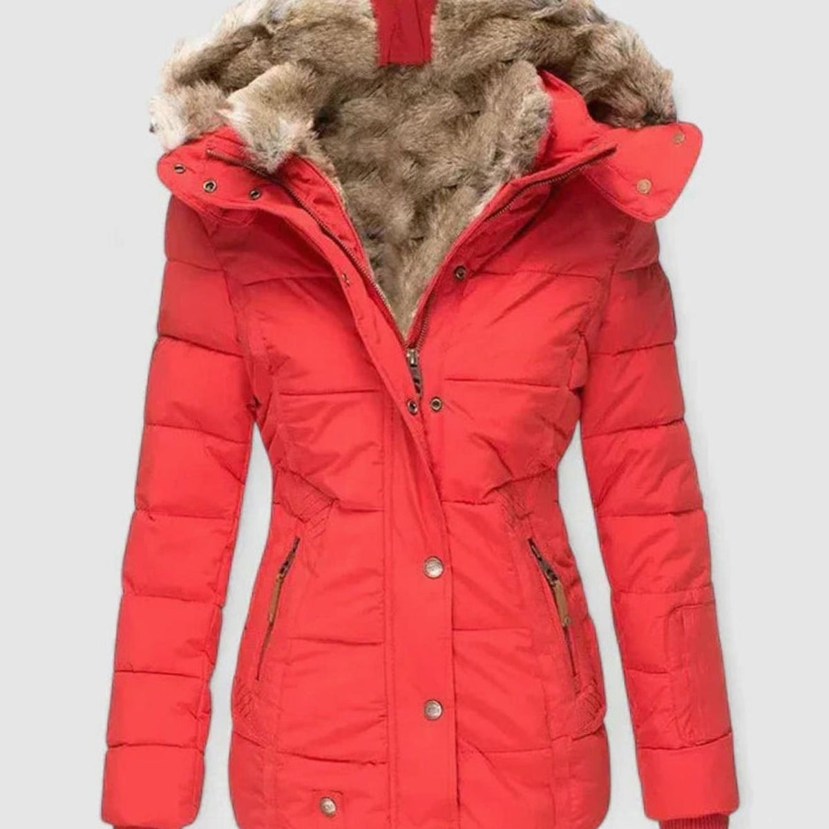 Women's Faux Fur Hooded Quilted Puffer Winter Coat - Red