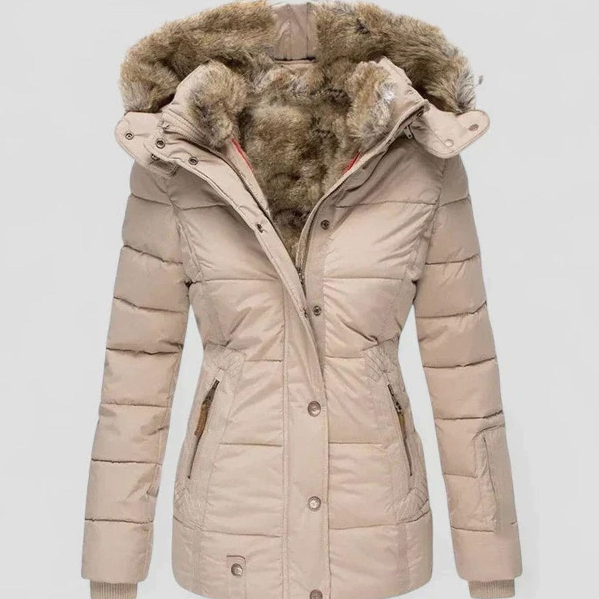 Women's Faux Fur Hooded Quilted Puffer Winter Coat - Beige