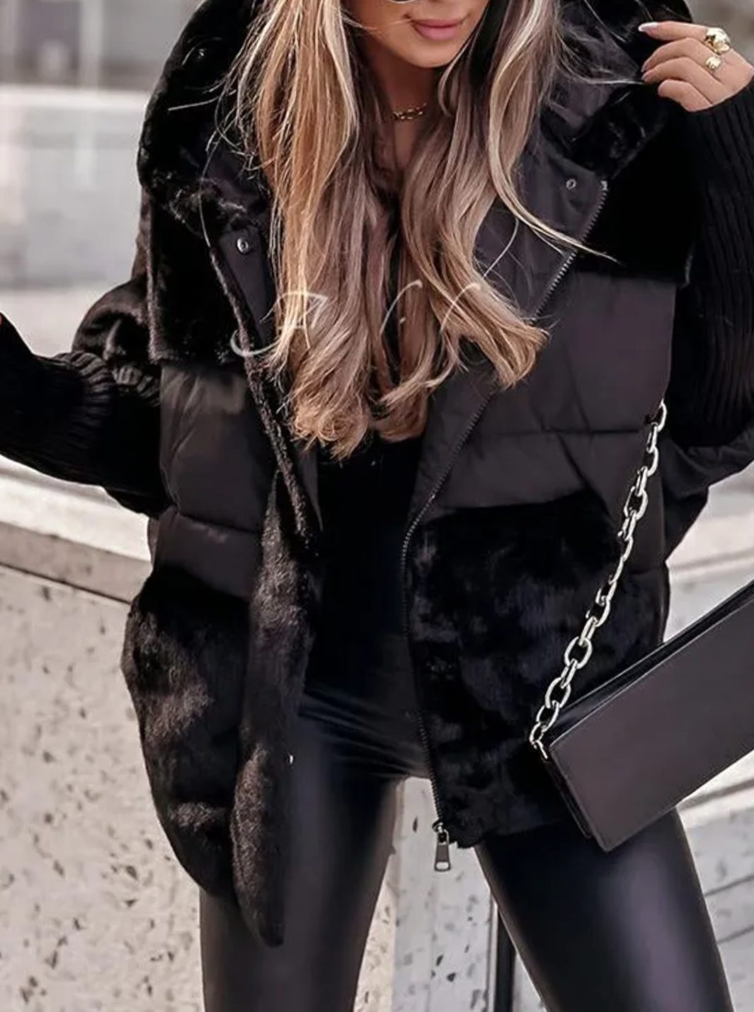 Women's Faux Fur Hooded Quilted Puffer Winter Jacket - Black
