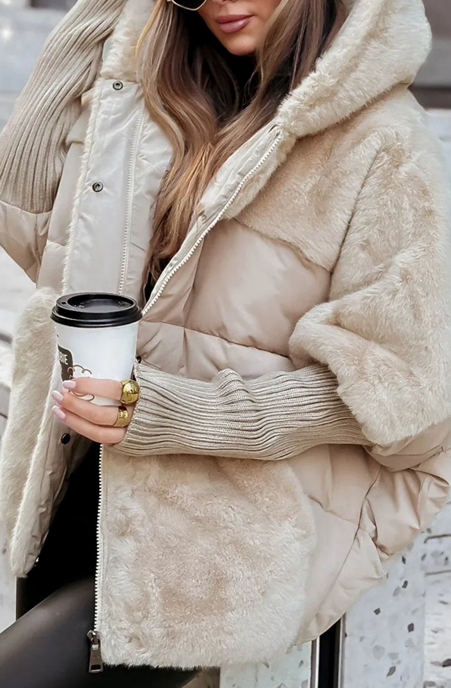 Women's Faux Fur Hooded Quilted Puffer Winter Jacket - Beige