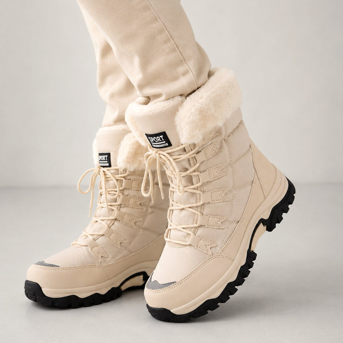 Women's Faux Fur Lined Lace-Up Winter Snow Boots - Beige