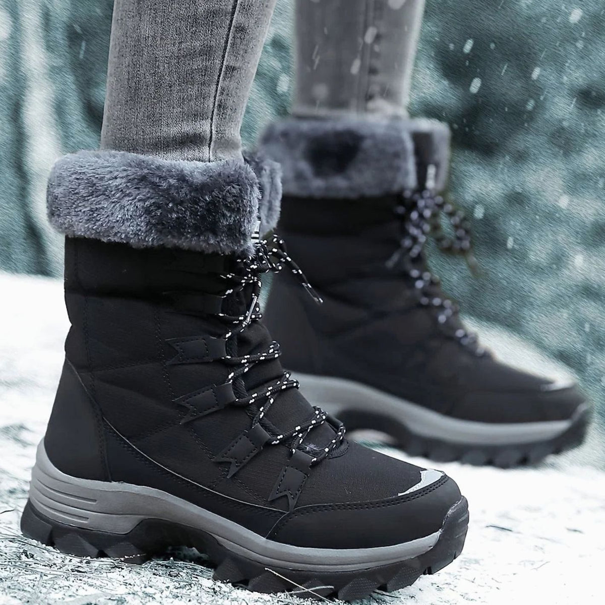 Women's Faux Fur Lined Lace-Up Winter Snow Boots - Black