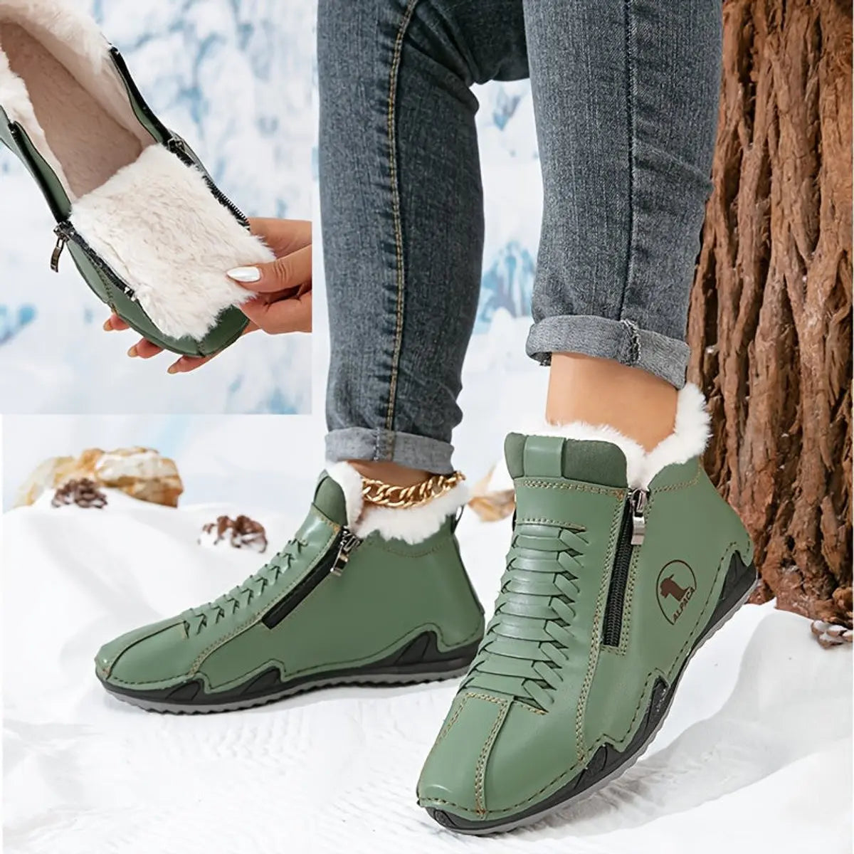 Women's Faux-Fur Lined Zip-Up Winter Ankle Boots - Green