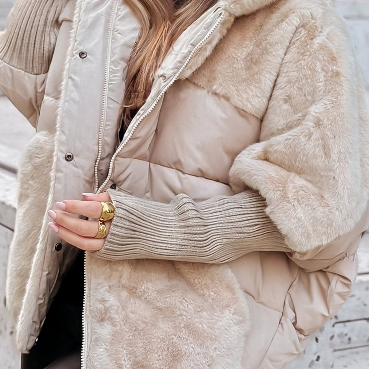Women's Faux-Fur Panel Quilted Plush Hooded Coat - Beige