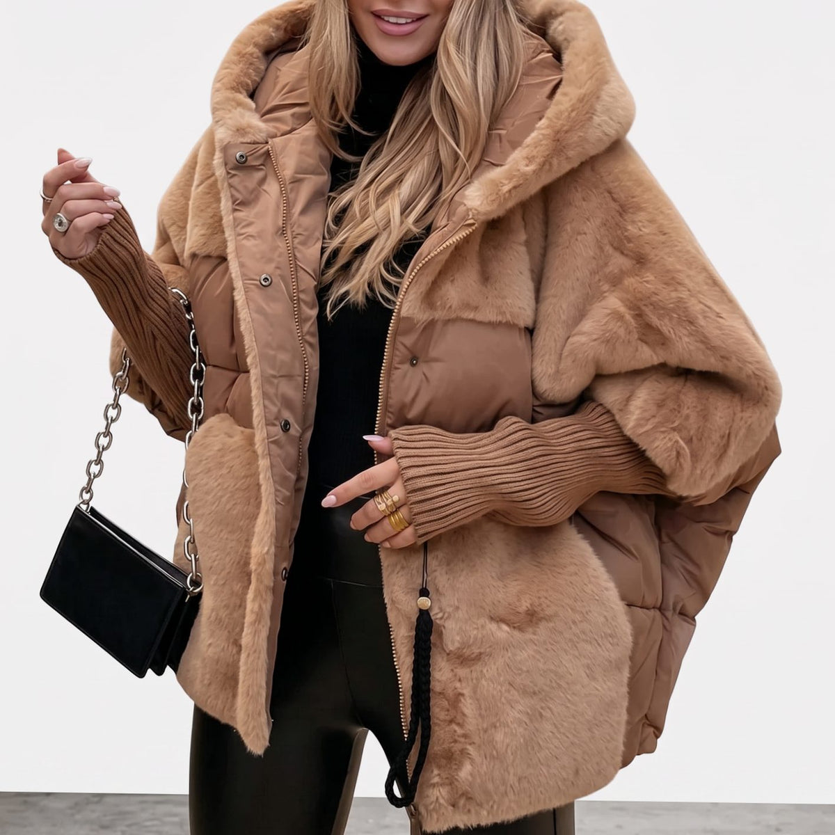 Women's Faux-Fur Panel Quilted Plush Hooded Coat - Brown