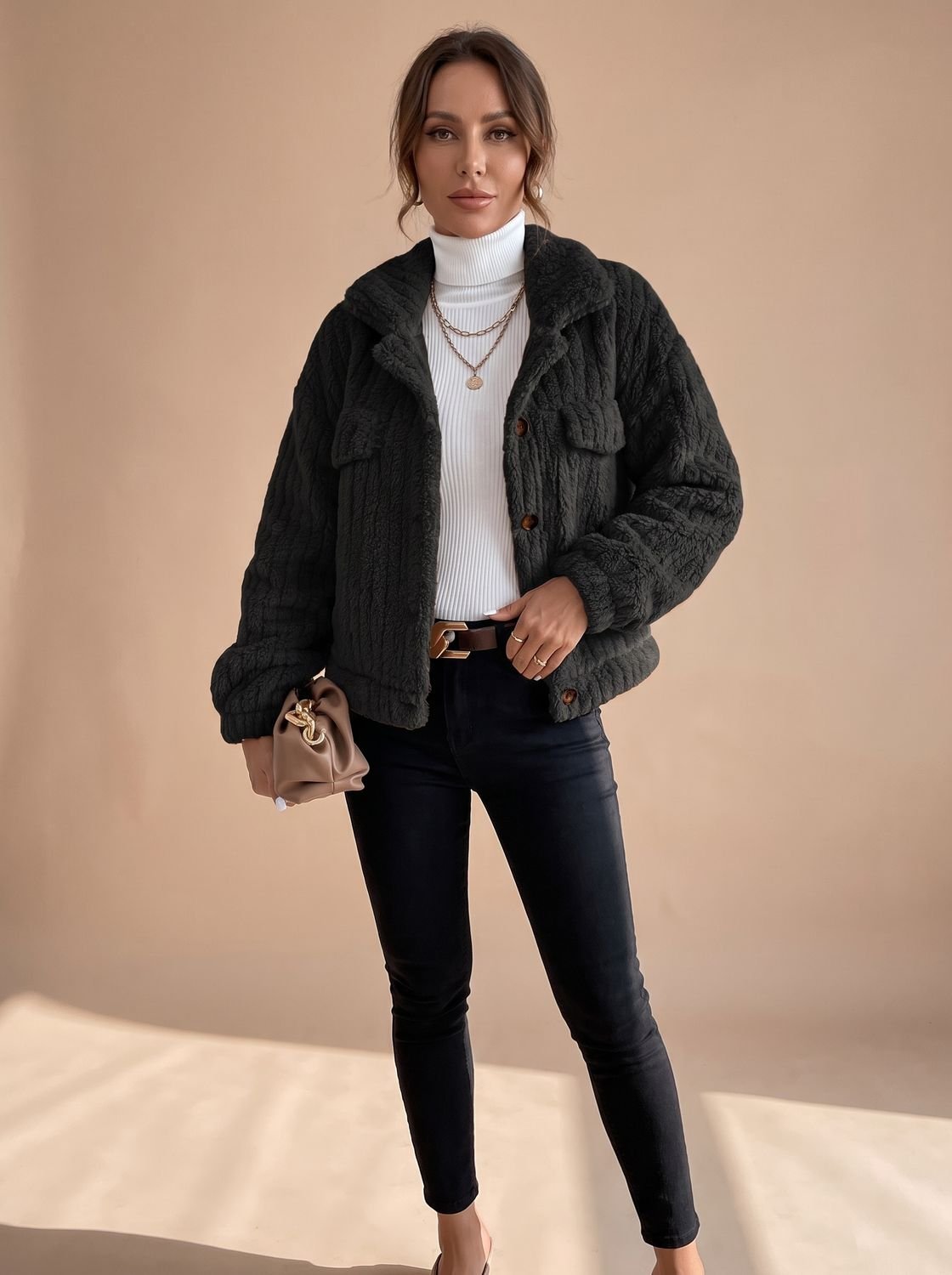 Women's Faux Fur Teddy Coat Button-Down Collared Sherpa Jacket - Black