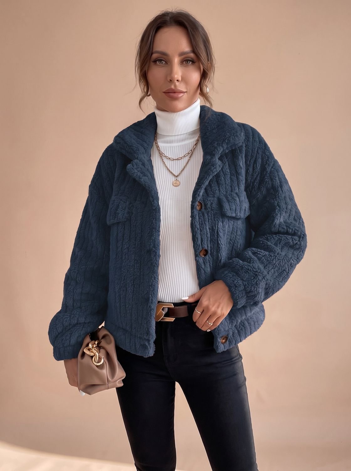 Women's Faux Fur Teddy Coat Button-Down Collared Sherpa Jacket - Dark Blue