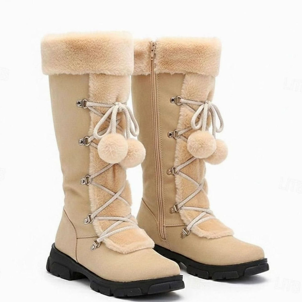 Women's Faux-Fur Trimmed Lace-Up Mid-Calf Snow Boots - Beige
