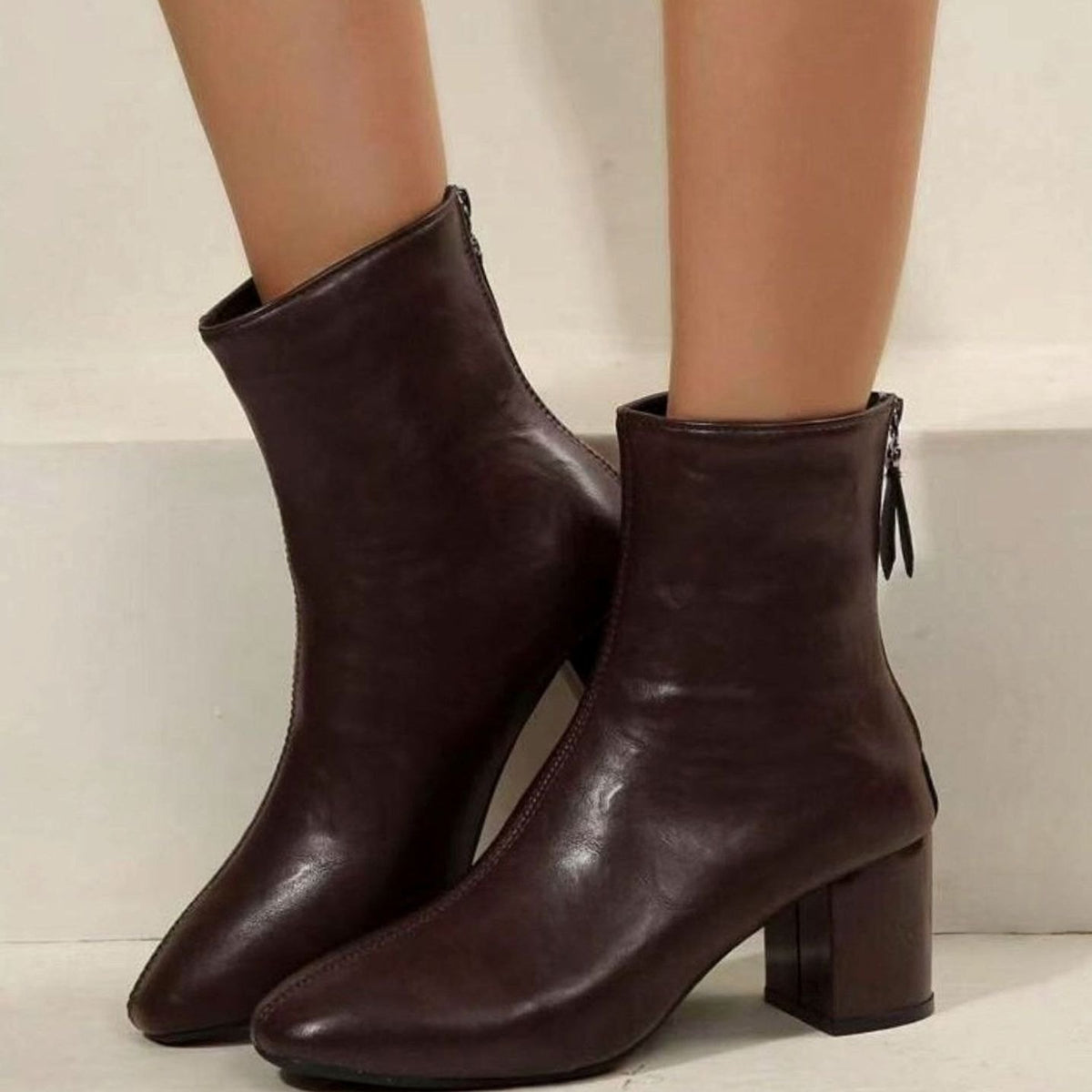 Women's Faux Leather Block Heel Zip-Up Ankle Boots