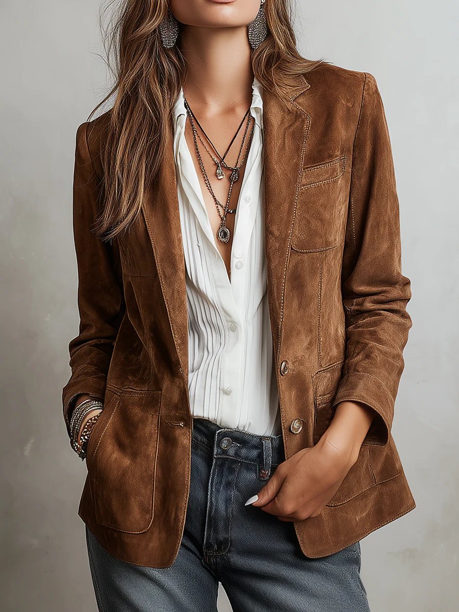 Women's Faux Suede Blazer Tailored Fit Vintage Style