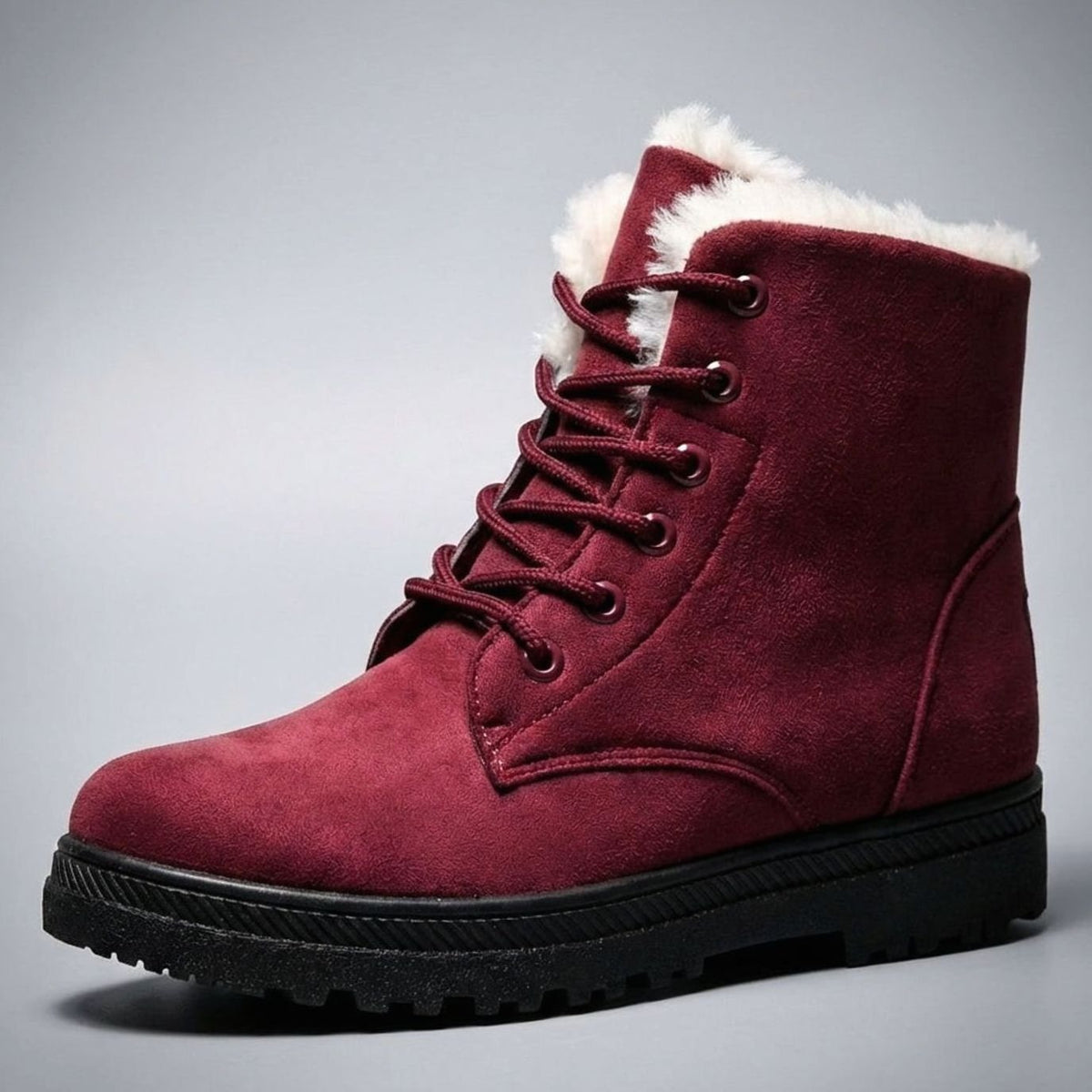 Women's Faux-Suede Fur-Lined Lace-Up Ankle Boots - Red
