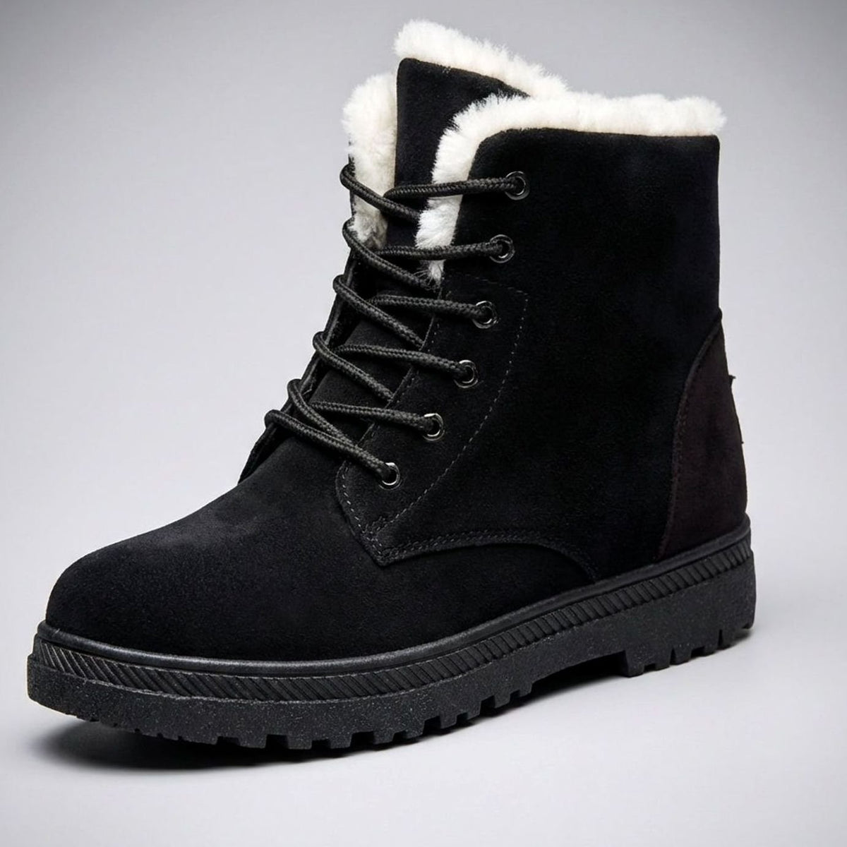 Women's Faux-Suede Fur-Lined Lace-Up Ankle Boots - Black
