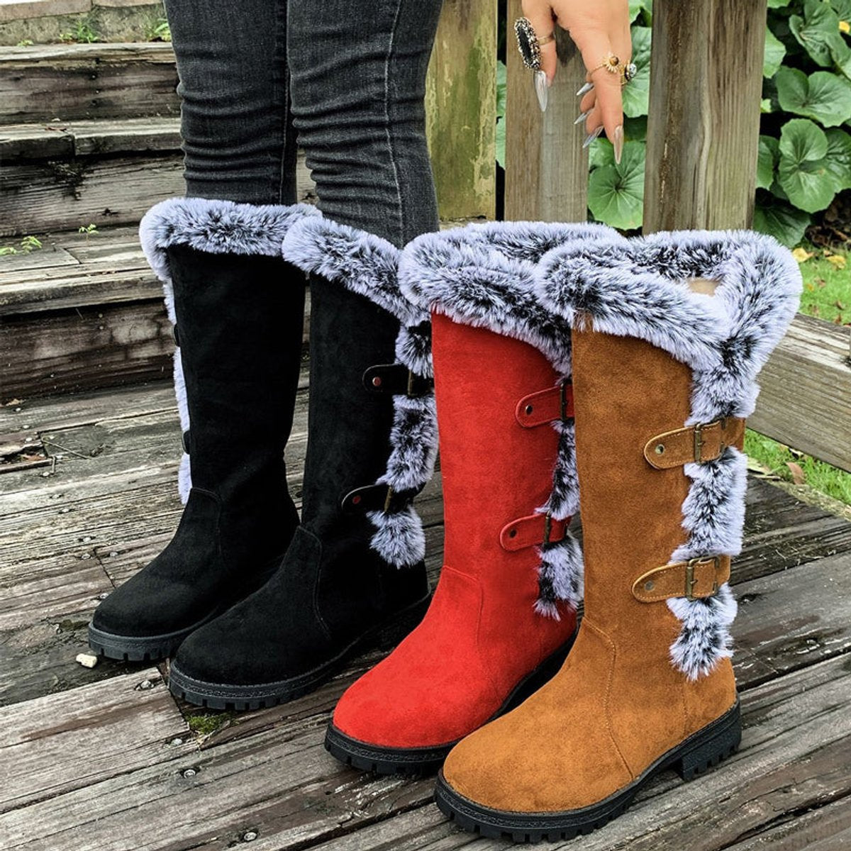 Women's Faux Suede Plush-Lined Buckle Knee High Boots