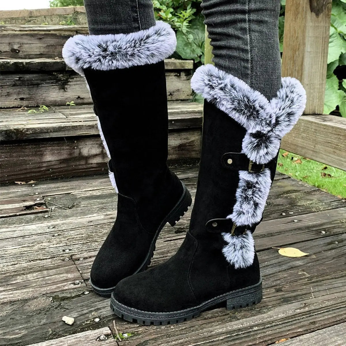 Women's Faux Suede Plush-Lined Buckle Knee High Boots - Black