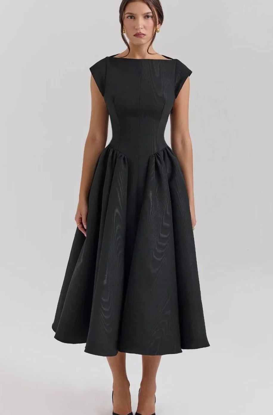 Women's Fitted Bodice Full-Skirt Midi Party Dress - Black