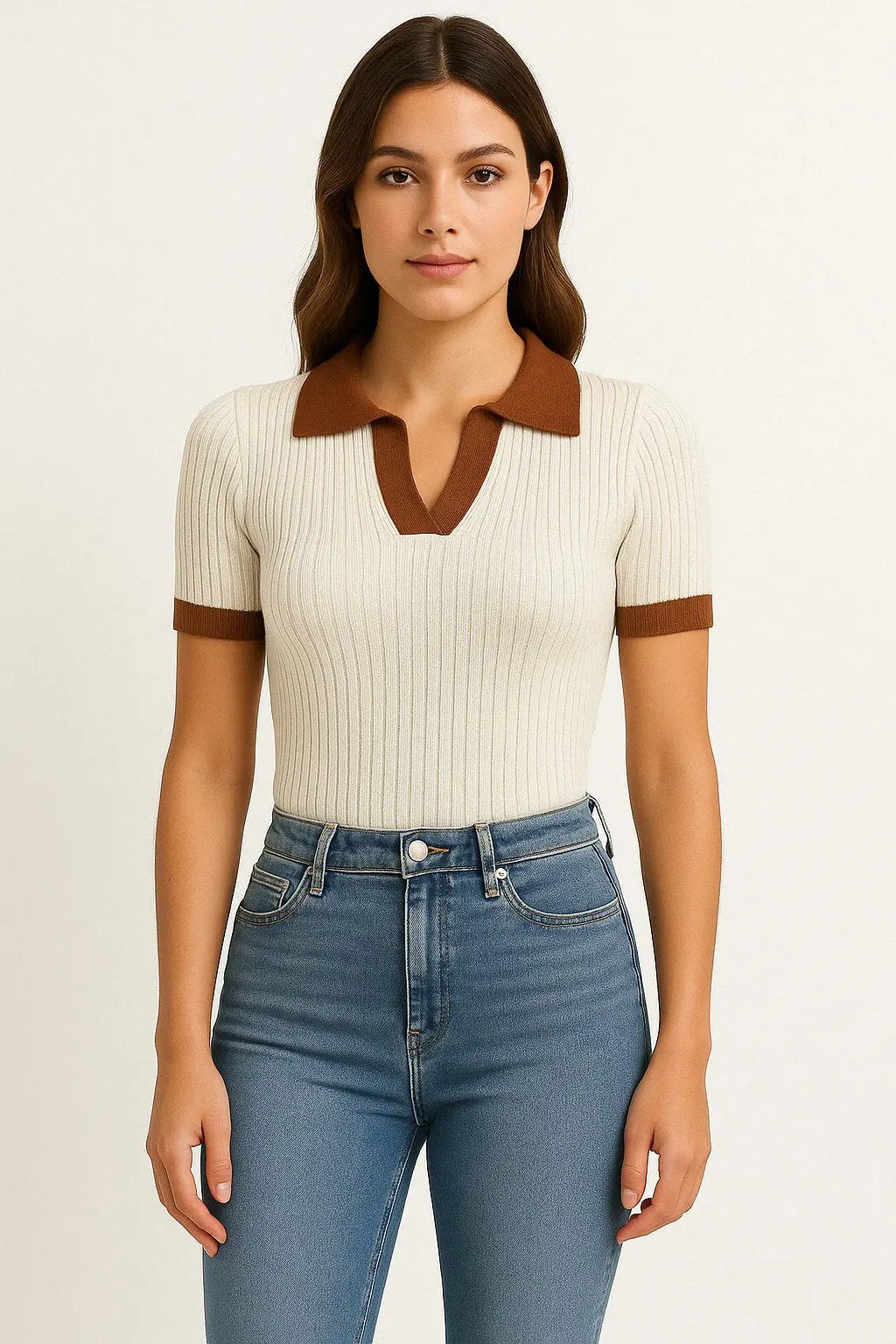 Women's Fitted Ribbed Polo Shirt Contrast Trim