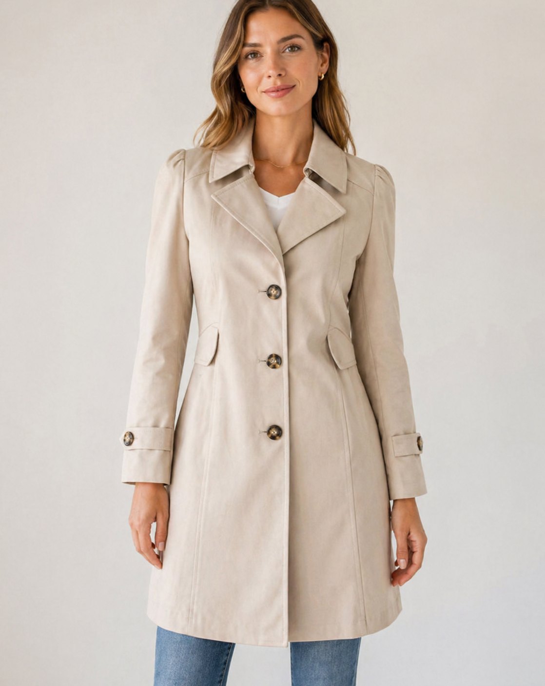 Women's Fitted Tailored Trench Coat Short Button-Up - Beige