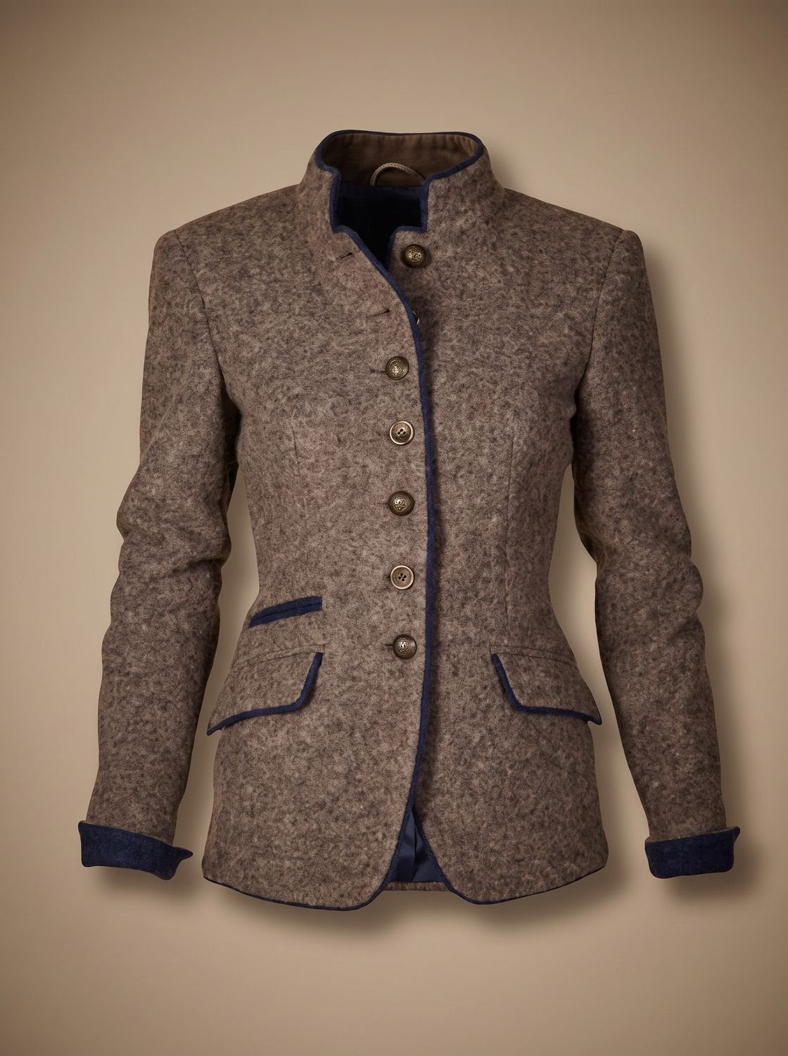 Women's Fitted Wool Button-Up Blazer Jacket with Pockets - Brown