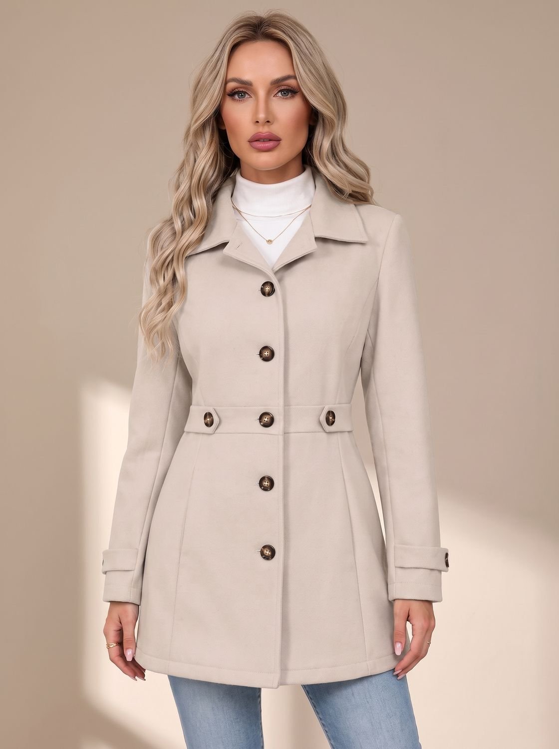 Women's Fitted Wool Coat Ladies Overcoat Button Front Defined Waist - Beige