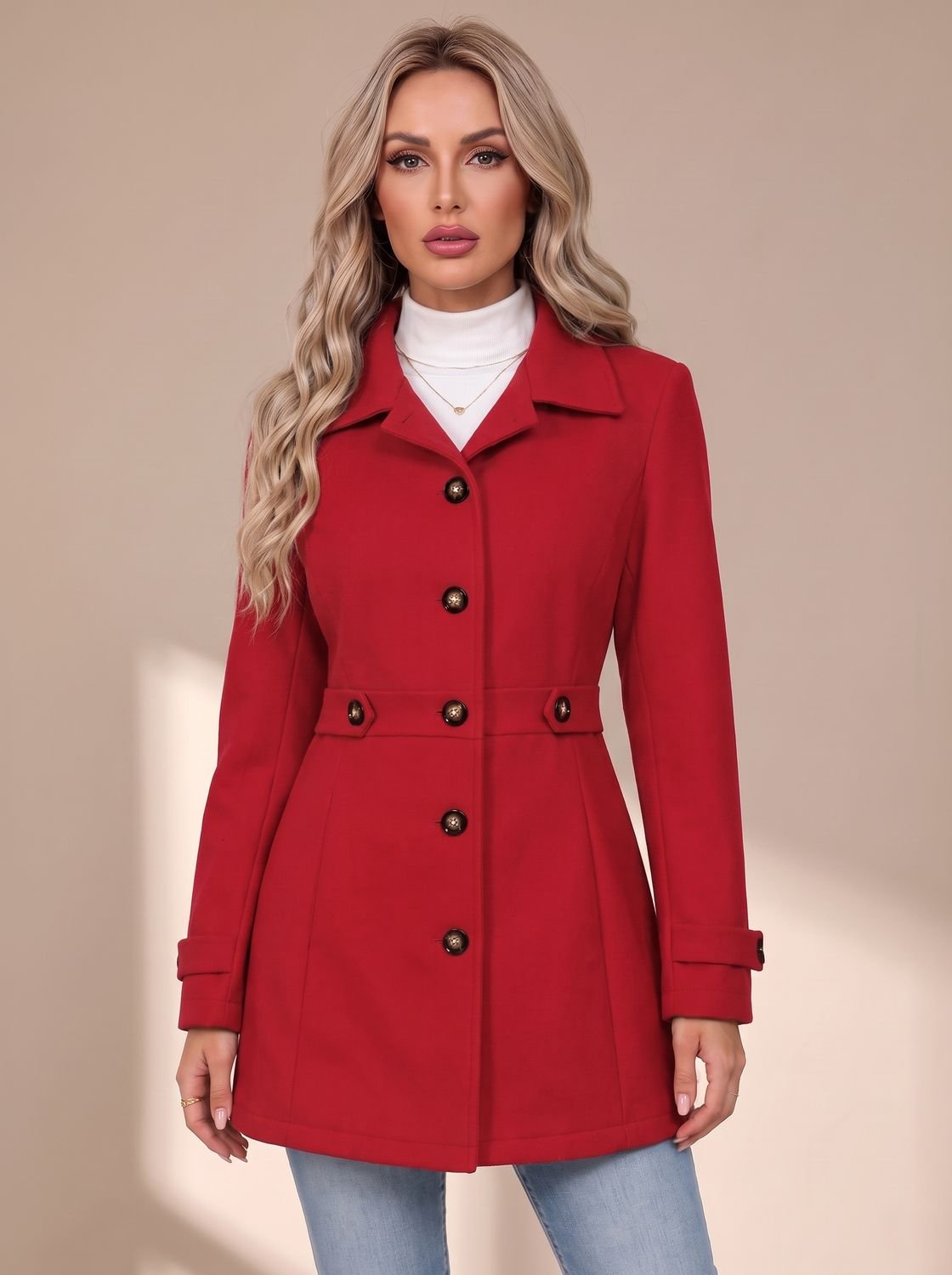 Women's Fitted Wool Coat Ladies Overcoat Button Front Defined Waist - Red