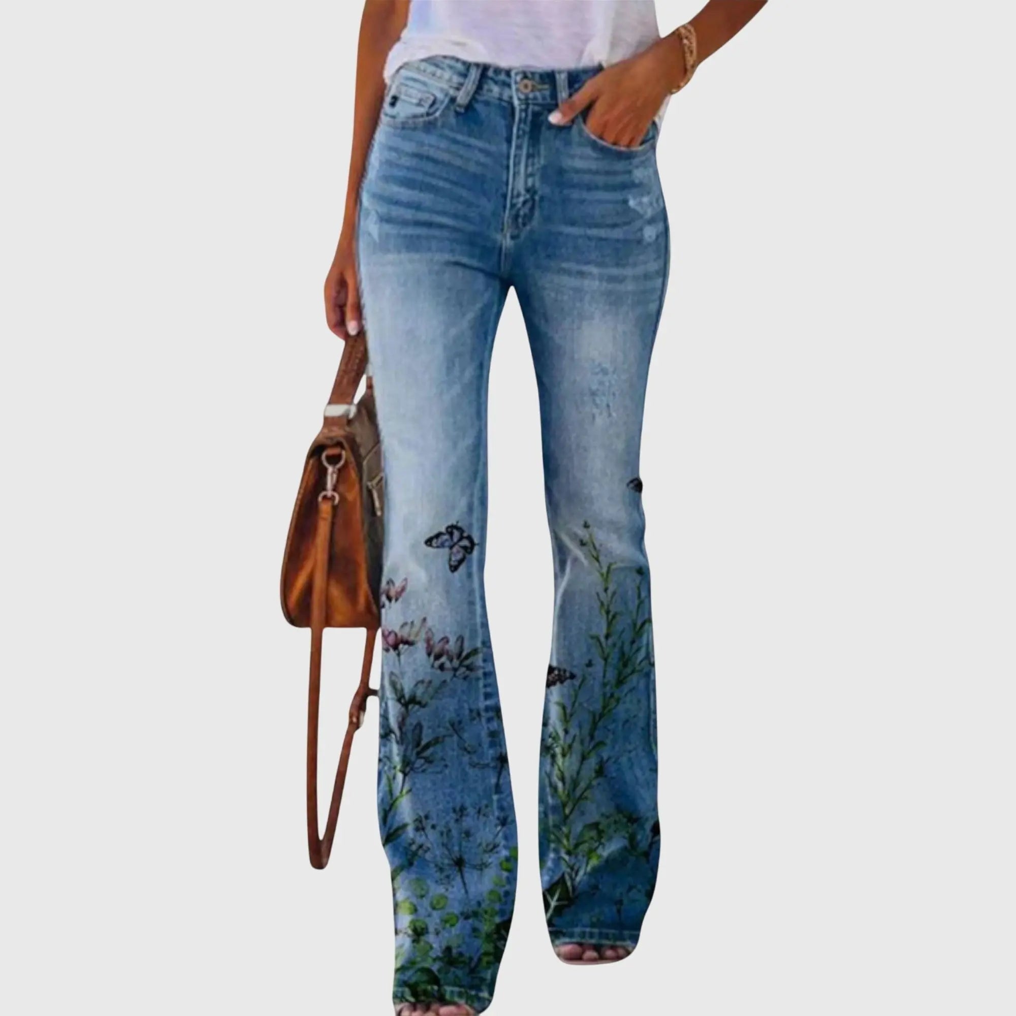 Women's Flare Trousers Wide Leg Floral Print High Waist - Black Butterfly