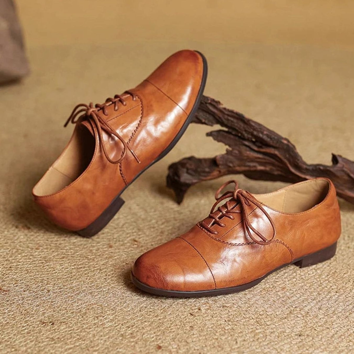 Women's Flat Oxford Shoes Leather Lace-Up Cap Toe