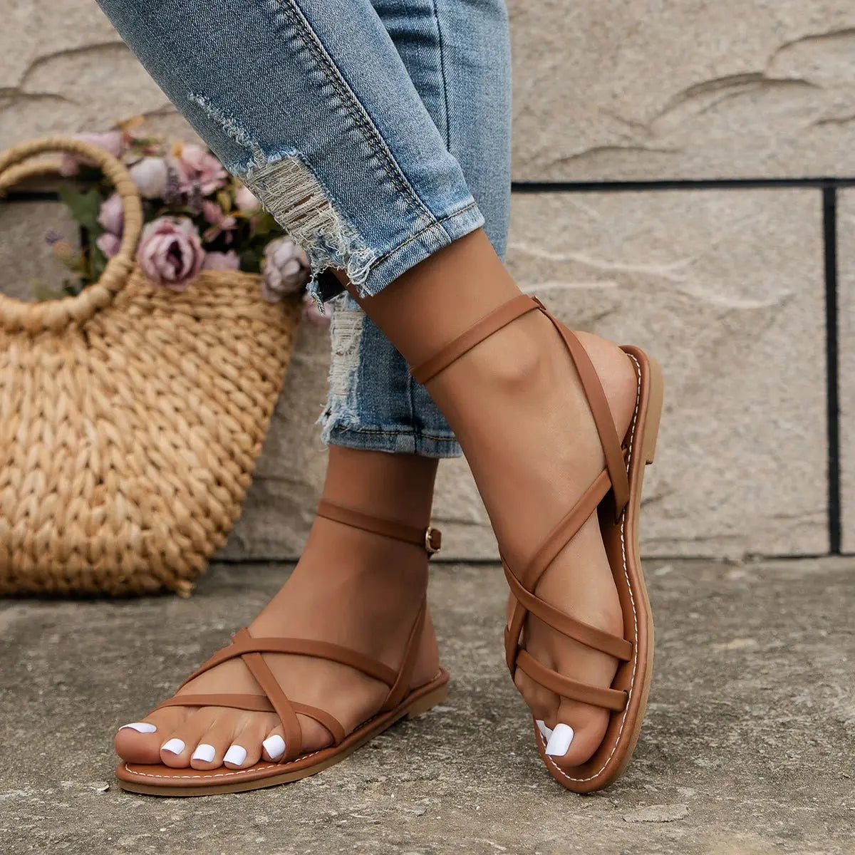 Women's Flat Sandals Criss-Cross Straps Ankle Buckle