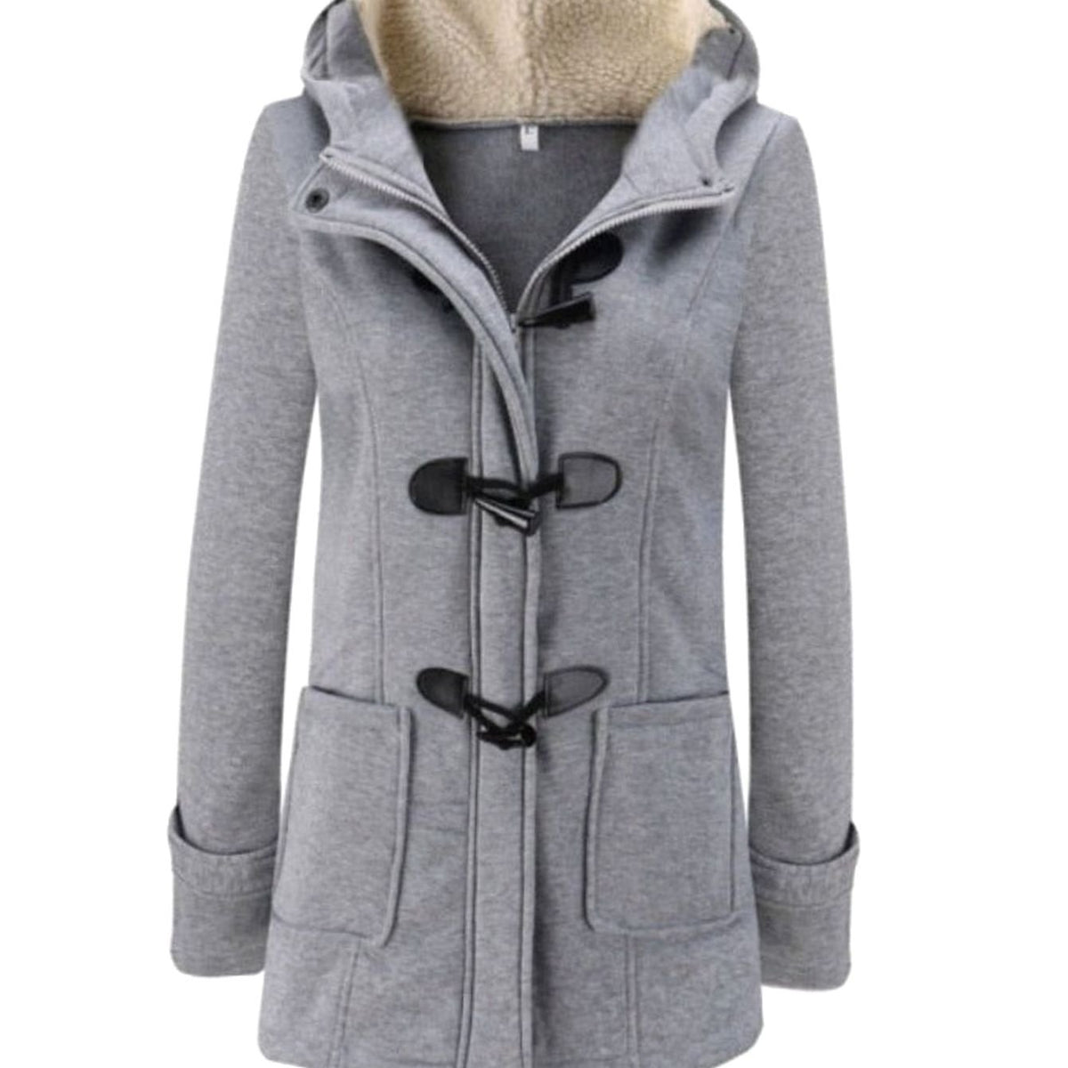 Women's Fleece-Lined Hooded Toggle-Button Winter Coat - Light Grey