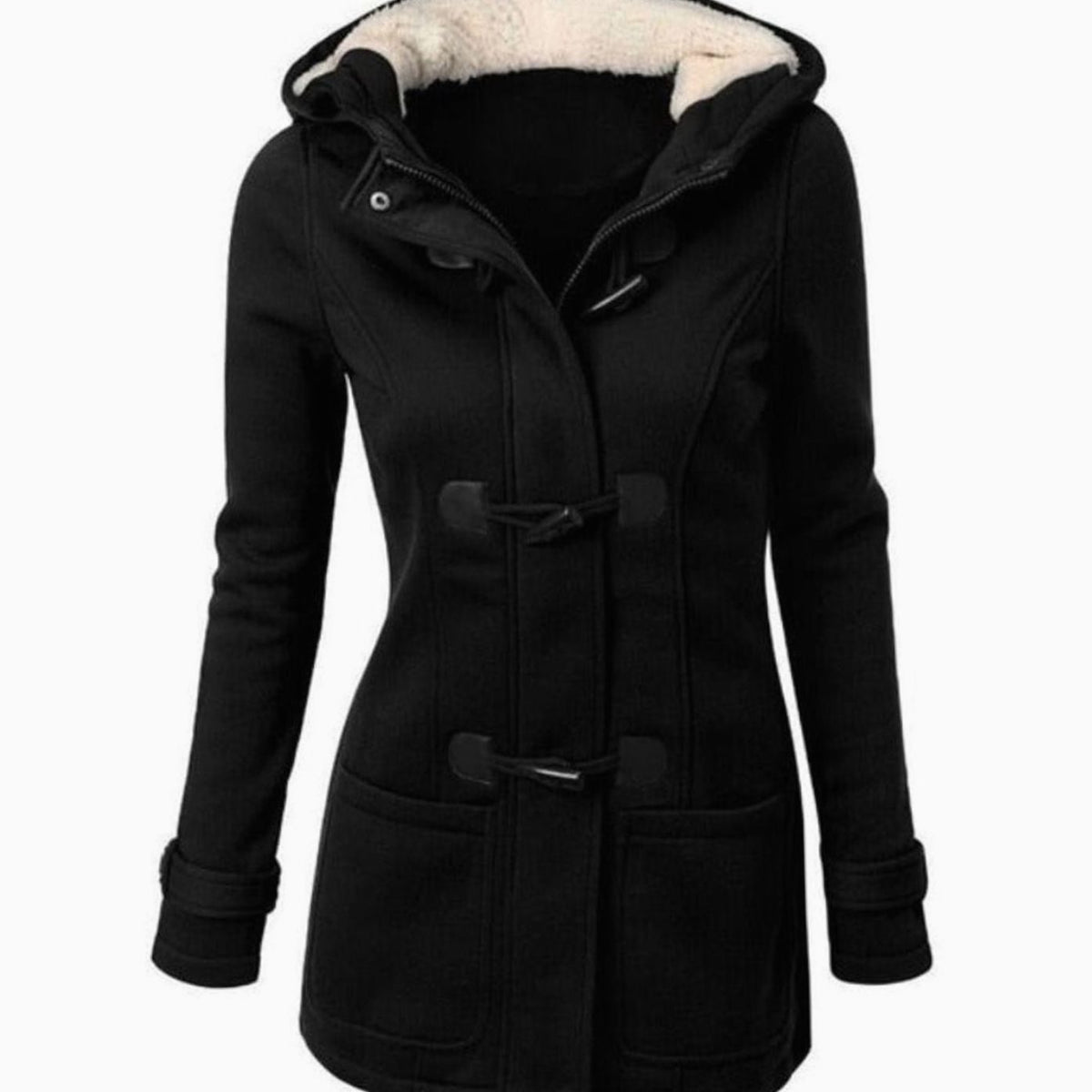 Women's Fleece-Lined Hooded Toggle-Button Winter Coat - Black