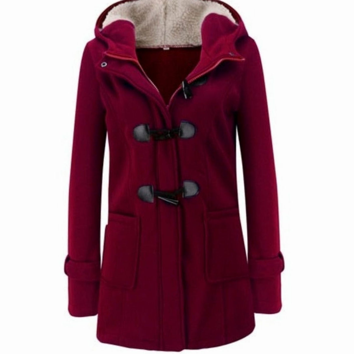 Women's Fleece-Lined Hooded Toggle-Button Winter Coat - Red