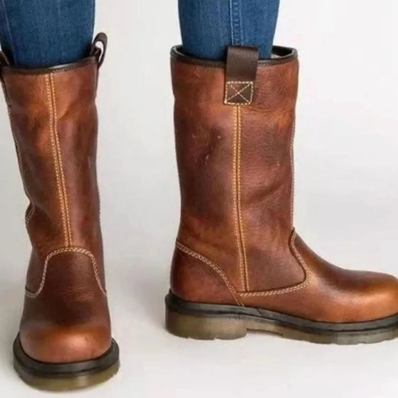 Women's Fleece-Lined Leather Winter Boots Mid-Calf Slip-On - Brown