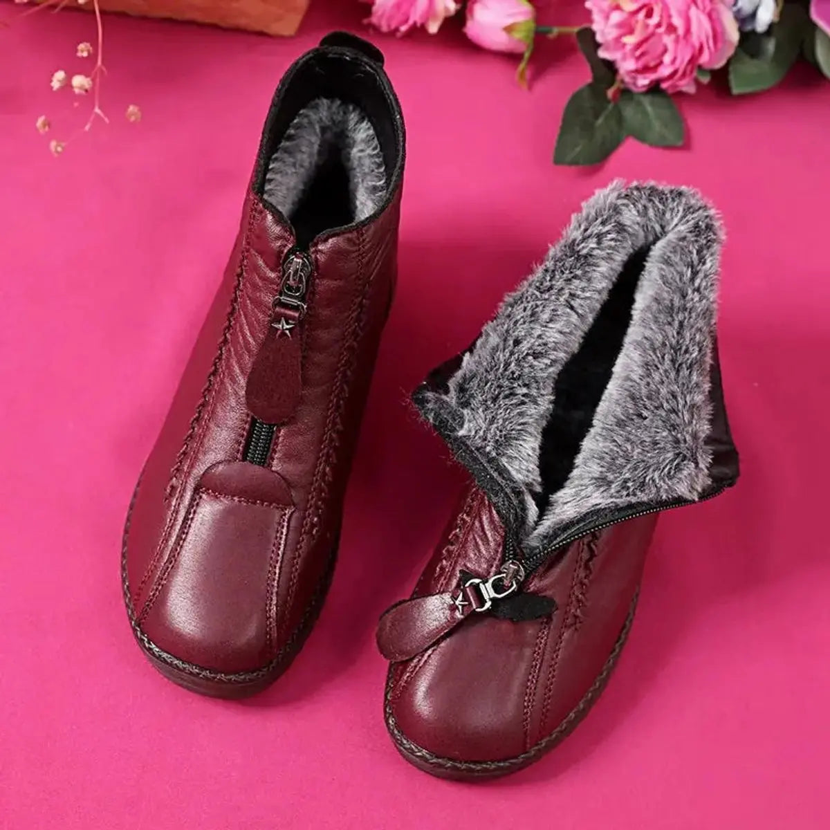 Women's Fleece-Lined Non-Slip Zip-Up Leather Ankle Boots