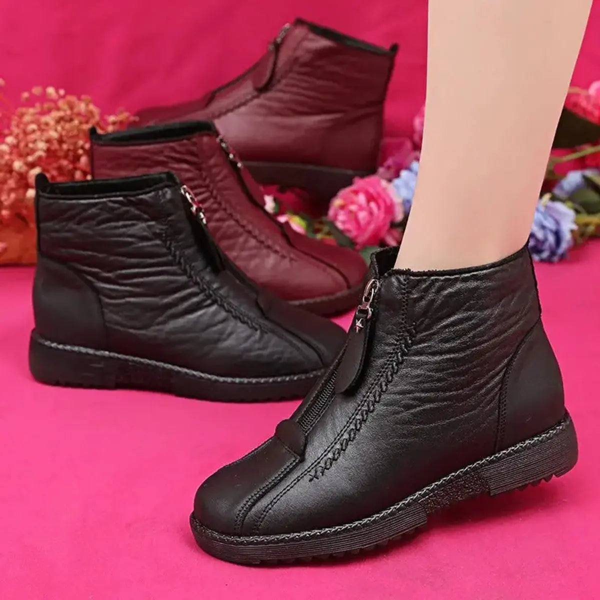 Women's Fleece-Lined Non-Slip Zip-Up Leather Ankle Boots