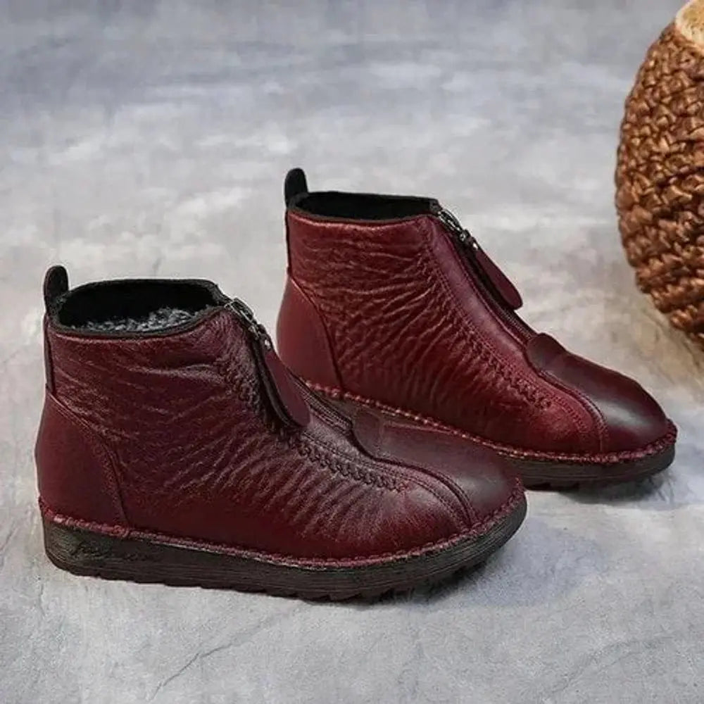 Women's Fleece-Lined Non-Slip Zip-Up Leather Ankle Boots - Red