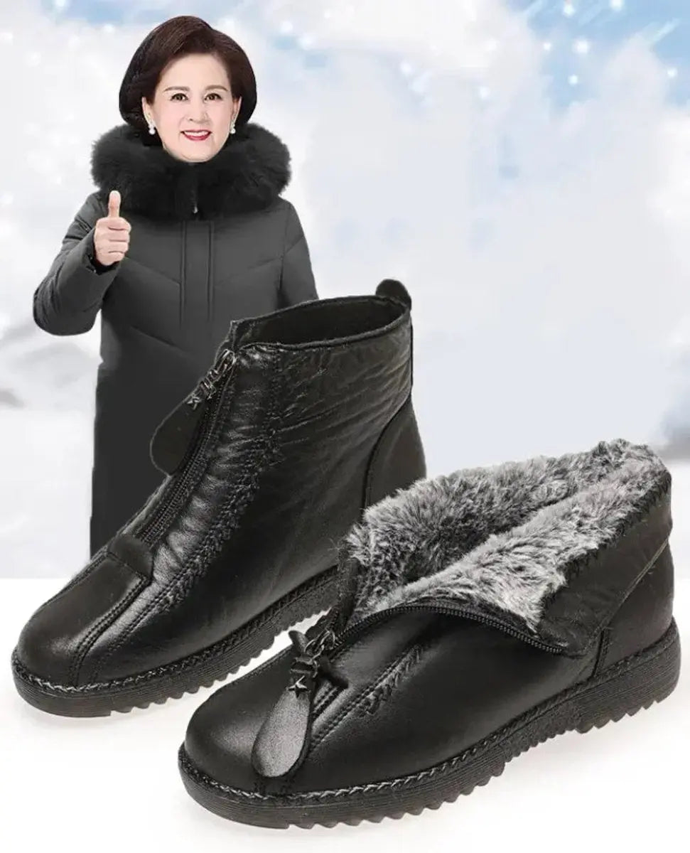 Women's Fleece-Lined Non-Slip Zip-Up Leather Ankle Boots