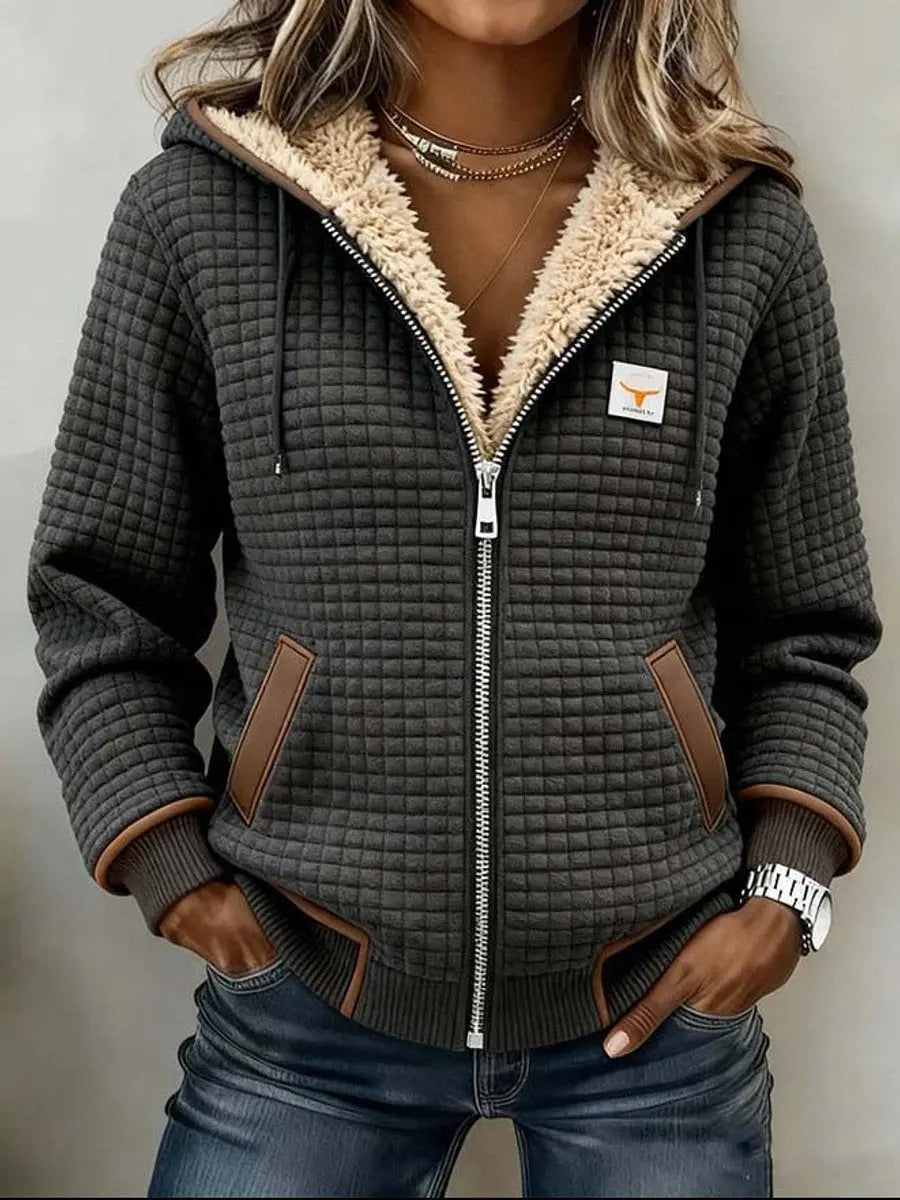 Women's Fleece-Lined Quilted Jacket Sherpa Zip-Up Hoodie