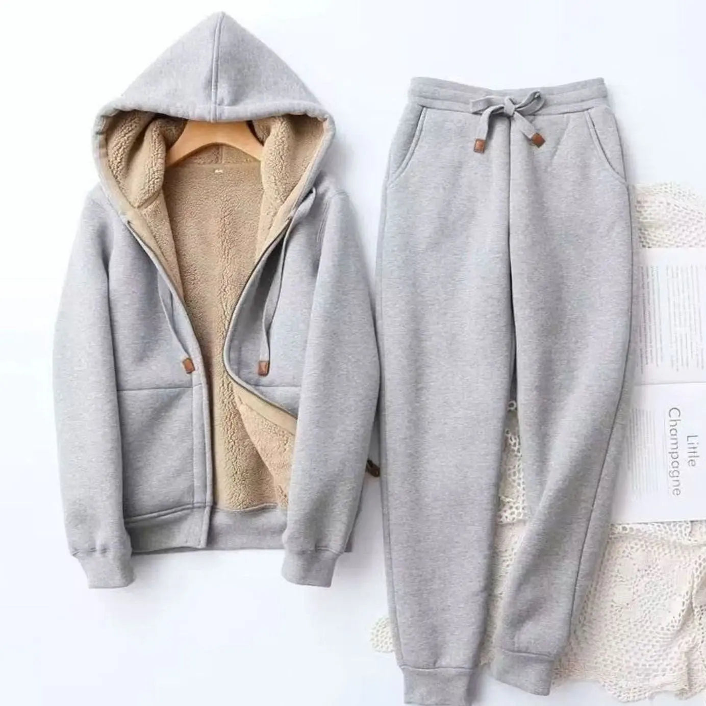 Women's Fleece-Lined Winter Hoodie Jogger Set - Grey