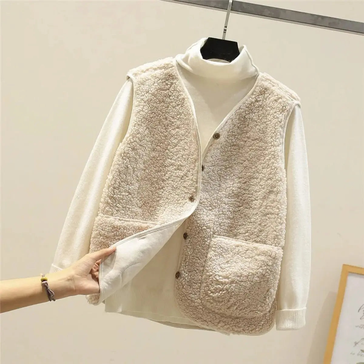 Women's Fleece Puffer Vest Button-Up Sherpa Gilet - Beige