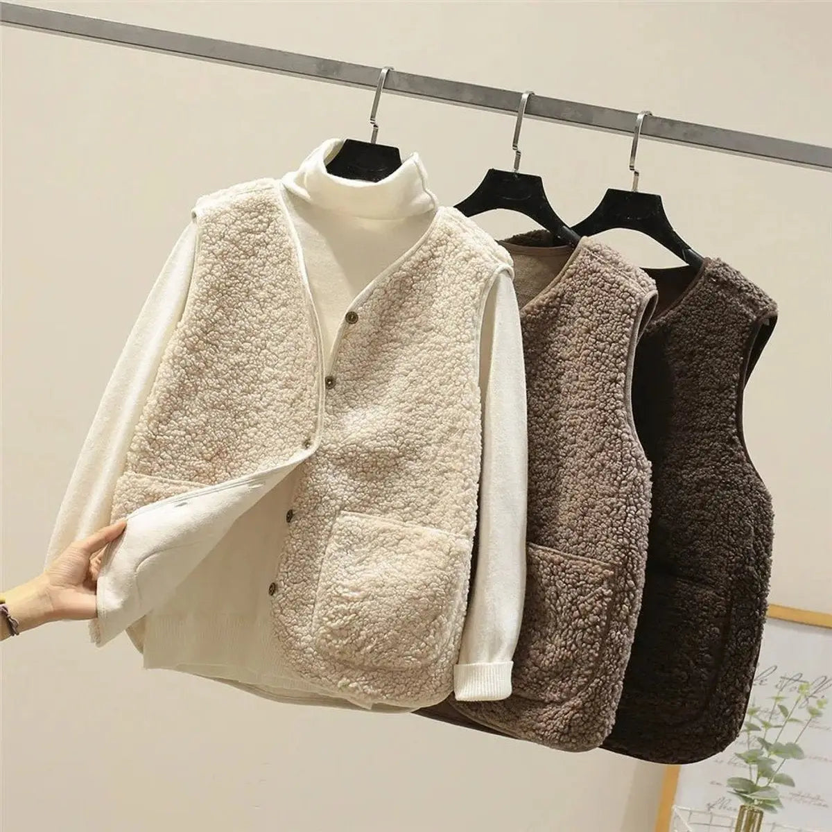 Women's Fleece Puffer Vest Button-Up Sherpa Gilet
